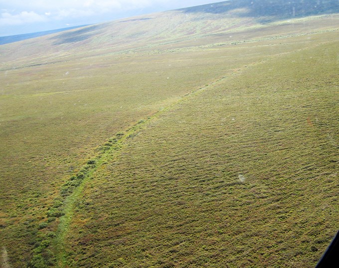 An aerial view of part part of Fairhaven Ditch showing a long ditch cutting through the tundra. An aerial view of part part of Fairhaven Ditch showing a long ditch cutting through the tundra.